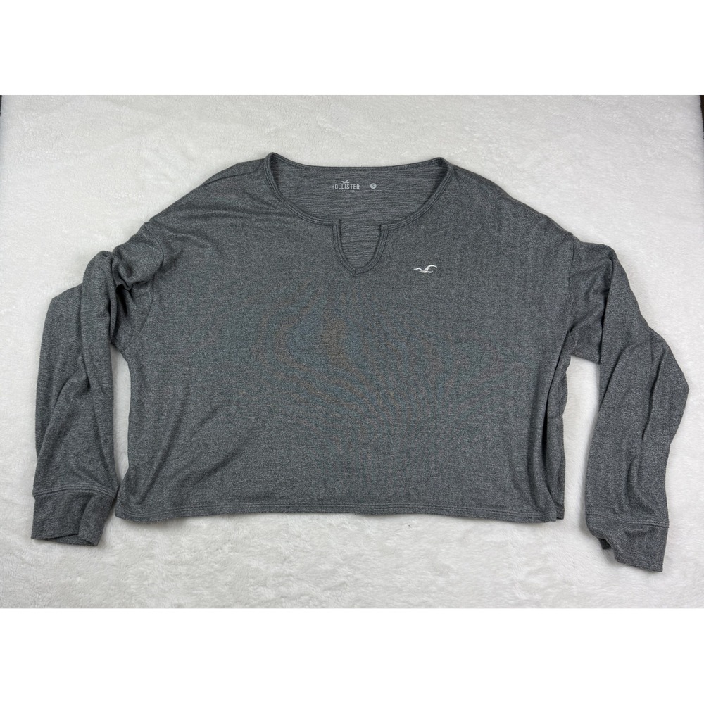 Hollister Womens Gray Cropped Long Sleeve Notch Neck Logo Top Small